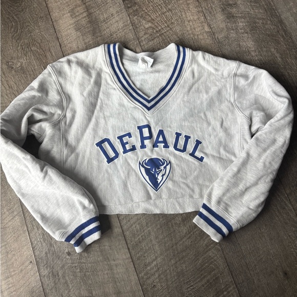 Champion Women's Gray V-Neck Sweater with Blue Accents - Picture 1 of 4